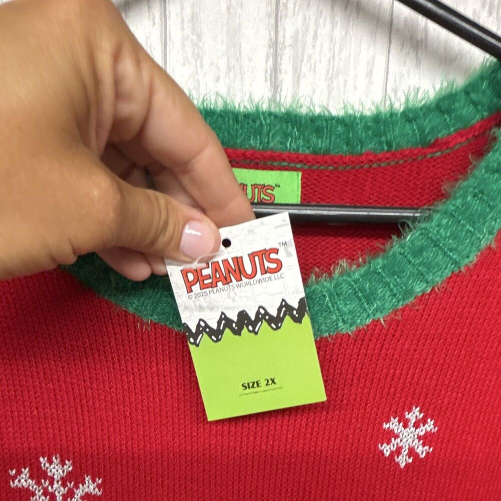 Peanuts Womens 2X Plus Red Green Snoopy Pullover Sweater Crew Neck Xmas - Picture 3 of 5
